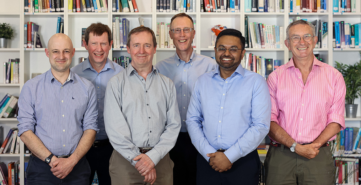 G with the Innovia Technology Board. May 2024. L to R: Dr Alex Hellawell, Dr Julian Scarfe, Dr Colin Ager, Dr Alastair MacGregor, Dr Shreyas Mukund, and Dr Geraint Davies.